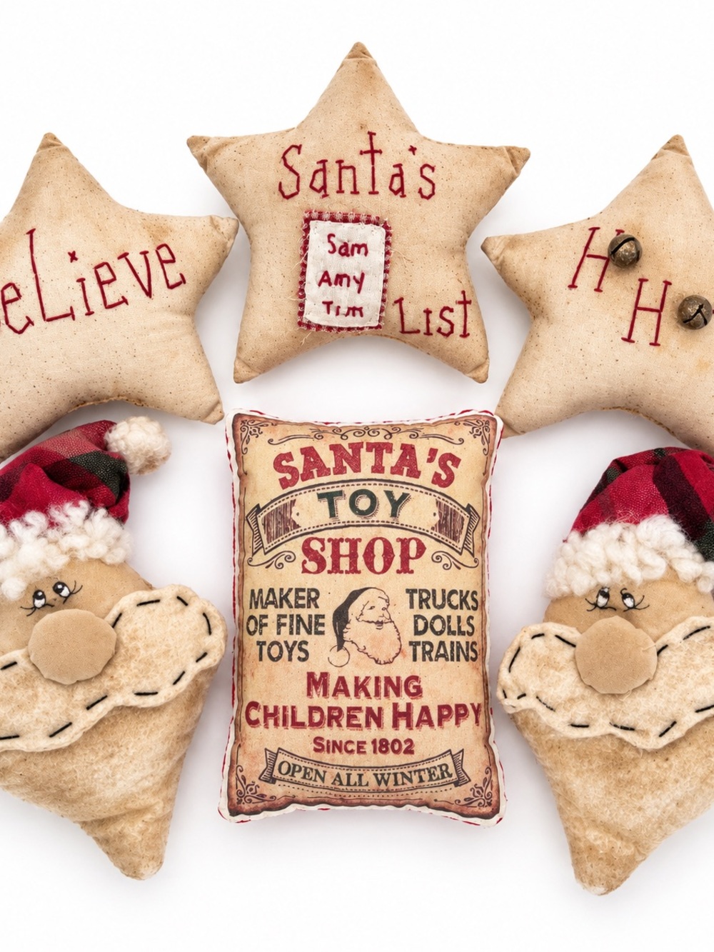 Primitive Christmas Bowl Fillers Santa Pillow Lot Set of 6